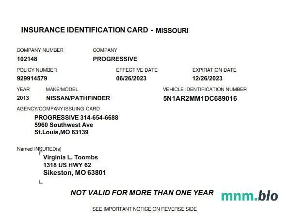 USA Missouri karta identyfikacyjna ubezpieczenia edytowalny szablon